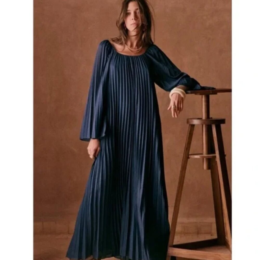 Sezane Navy Blue Pleated Maxi Dress